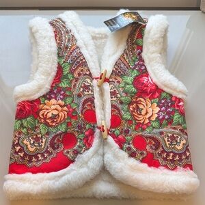 Fuzzy Lined Floral Paisley Vest in Red and Cream